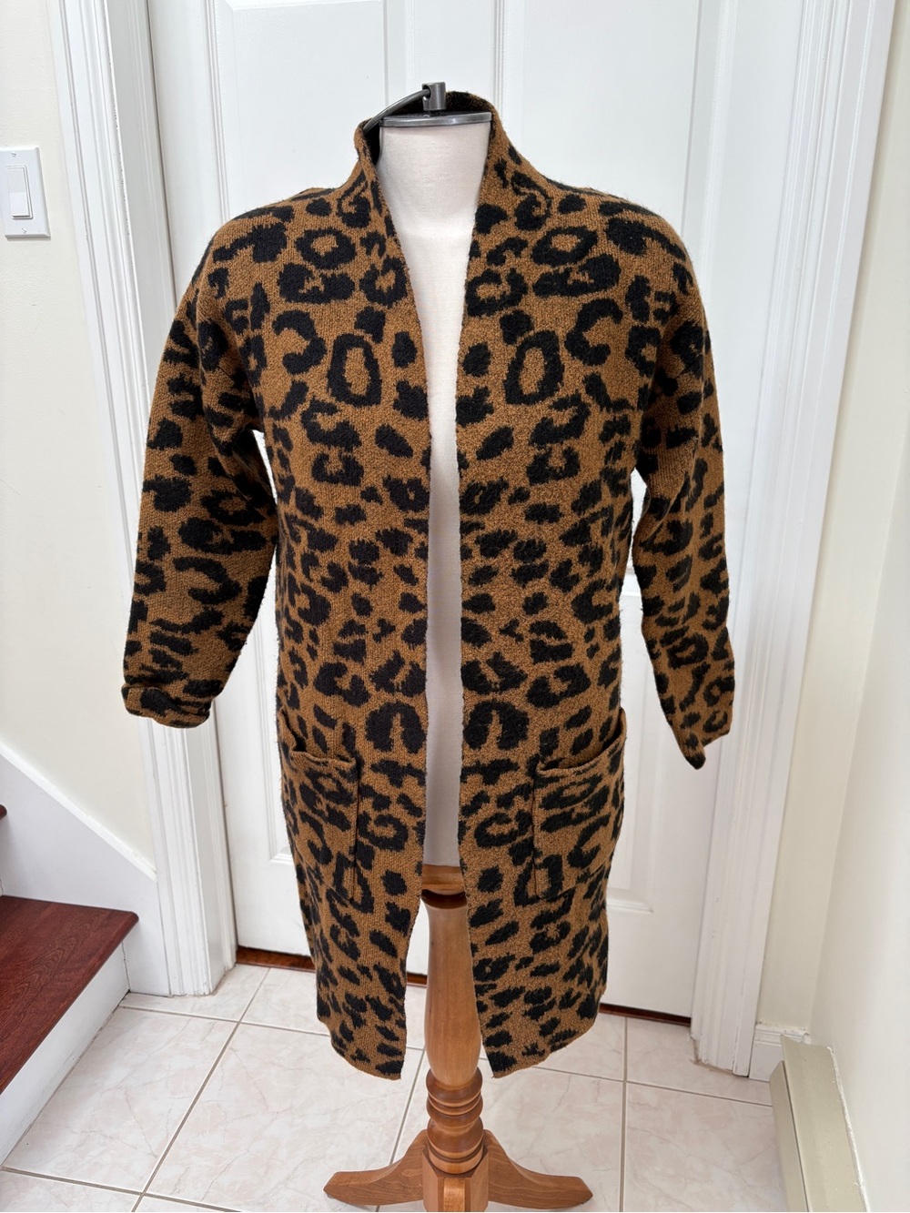 Leopard Print Open-Front Long Cardigan sweater- Brown & Black